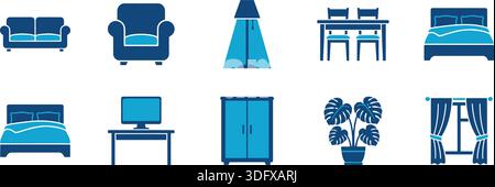 Una collezione di icone blu del mobile, tra cui divano, sedia, lampada, tavolo, letto, e molto altro ancora. Ideale per progetti di design, presentazioni e arredamento d'interni c Illustrazione Vettoriale