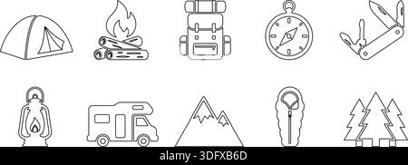 Icone vettoriali per l'attrezzatura da campeggio e da trekking, tra cui tenda, bussola e zaino. Ideale per il web design, le app o le infografiche relative a Outd Illustrazione Vettoriale