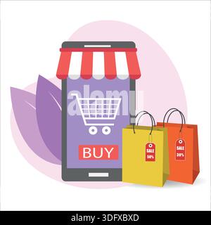 immagine della vendita online tramite un'app mobile in uno smartphone Illustrazione Vettoriale