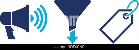 Set vettoriale minimalista con icone per pubblicità, imbuti di vendita e prezzi al dettaglio. Utilizzato per diagrammi aziendali, presentazioni e marchi digitali Illustrazione Vettoriale