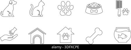 Una collezione pulita e minimalista di icone d'arte a 10 linee relative agli animali domestici, alla cura del corpo, all'alimentazione e alla salute veterinaria. Utile per applicazioni, siti Web o informazioni Illustrazione Vettoriale