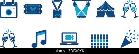 Icone blu che rappresentano intrattenimento ed eventi, inclusi biglietti, tende e note musicali. Ideale per illustrare la pianificazione di feste o la gestione di eventi Illustrazione Vettoriale
