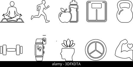Una collezione vettoriale di icone minimaliste che coprono il benessere fisico e mentale, l'esercizio fisico e i simboli della dieta. Ideale per il Web, la progettazione di app o l'infog Illustrazione Vettoriale