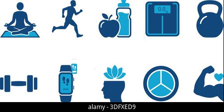 Una serie di icone blu che rappresentano concetti di fitness e benessere come yoga, corsa e alimentazione sana. Ideale per progetti e pubblicità correlati alla salute Illustrazione Vettoriale