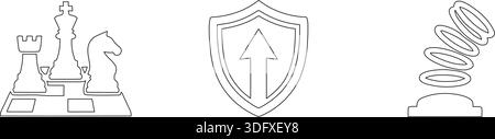 Illustrazione minimalista che mostra pezzi da scacchi, uno scudo con una freccia e una spirale, sottolineando strategia, protezione e movimento. Illustrazione Vettoriale