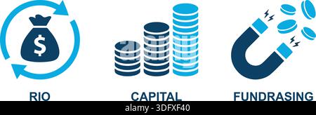 Illustrazione che illustra i concetti di crescita finanziaria utilizzando un sacco di soldi, monete impilate e magnete con denaro contante. Illustrazione Vettoriale