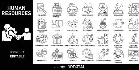 Un set completo di icone vettoriali modificabili che rappresenta 28 argomenti cruciali nelle risorse umane, inclusi processi come reclutamento e gestione delle prestazioni Illustrazione Vettoriale