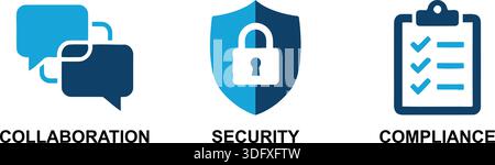 Icone che illustrano concetti chiave come la collaborazione attraverso bolle vocali, la sicurezza con un blocco di protezione e la conformità con un elenco di controllo. Illustrazione Vettoriale