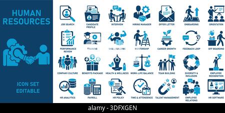 Una raccolta di icone vettoriali di design piatto modificabile che copre 25 aspetti chiave della gestione delle risorse umane, dalla ricerca di un lavoro e dal libro paga alla formazione e alla wor Illustrazione Vettoriale