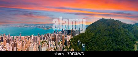Vista dall'alto panoramica aerea del picco della foresta e vista mattutina dei grattacieli alti della città di Hong Kong. Foto Stock