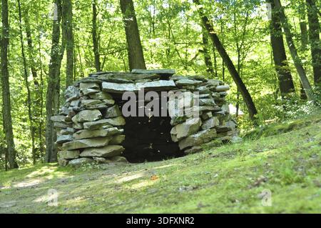 Capanna preistorica in pietra con dettagli nella foresta Foto Stock
