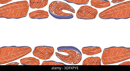 Modello con filetto di salmone piatto disposto come bordo decorativo. Illustrazione a base di pesce su sfondo bianco per imballaggio, menu, tessuti Illustrazione Vettoriale