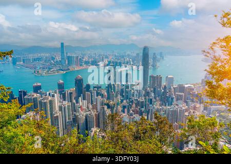 Vista aerea dall'alto del pendio della foresta e vista dei grattacieli alti della città di Hong Kong. Foto Stock