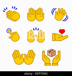 Icone Emojis con gesti della mano gialle illustrazione vettoriale raccolta Design piatto Illustrazione Vettoriale
