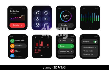 l'interfaccia utente dello smartwatch collection mostra immagini vettoriali con monitoraggio del fitness impostazioni del lettore musicale e grafici delle attività sviluppo di app Illustrazione Vettoriale