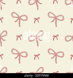 Motivo senza cuciture con romantici disegni a doodle in line art. Grazioso schizzo stravagante con archi a nastro. Illustrazione Vettoriale