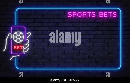 Le moderne scommesse sportive al neon si inquadrano con lo smartphone e l'icona del calcio. Ideale per le app di scommesse, le promozioni sportive o le piattaforme online. Illustrazione Vettoriale