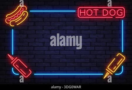 Vivace cornice hot dog al neon con bottiglie di salsa ed elementi alimentari. Perfetto per il branding di fast food, menu o promozioni di spuntini. Illustrazione Vettoriale