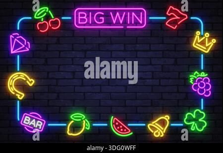 Grande cornice vincente al neon con icone classiche del casinò ed effetti brillanti. Perfetto per vincere schermi, promozioni o annunci di gioco d'azzardo. Illustrazione Vettoriale