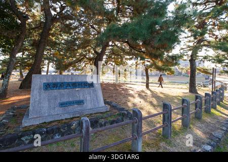 L'Aoi Park di Kyoto offre una fuga serena con i suoi ampi prati e alberi maturi. Questo parco pubblico, storicamente parte dei giardini del palazzo imperiale Foto Stock