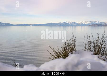 La luce del mattino splende sul South Lake Tahoe, dove la neve riposa sulle rive. Le acque calme riflettono le montagne circostanti. Alberi e piante incorniciano la vista Foto Stock
