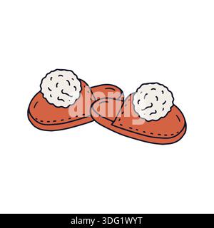 Icona delle comode pantofole disegnate a mano. Scarpe da casa line art con disegno di pompon Illustrazione Vettoriale