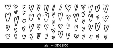 Set di icone a forma di doodle disegnate a mano a cuore. Cute Love Hearts in nero Ink Sketch Style per disegni di San Valentino, adesivi, branding romantico, social media e collage decorativi. Illustrazione vettoriale Illustrazione Vettoriale