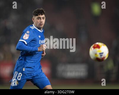 Albacete, Spagna. 14 gennaio 2026. Federico Valverde del Real Madrid durante una partita di Copa del Rey 16 tra Albacete e Real Madrid all'Estádio Carlos Belmonte di Albacete, Spagna (foto di Ricardo Nogueiro/Sports Press Photo) credito: SPP Sport Press Photo. /Alamy Live News Foto Stock