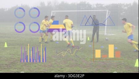 Cinque giocatori di calcio che si esercitano sul campo con palla, gol e dati sovrapposti, indossando divise gialle Foto Stock