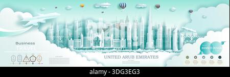 Opuscolo pubblicitario di viaggio negli Emirati Arabi Uniti, grattacielo moderno più famoso del mondo e famosa architettura cittadina. Design moderno per banner aziendali per Illustrazione Vettoriale