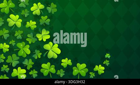 Giorno di San Patrizio con shamrock Clover. Sfondo vettoriale del collage di feste irlandesi, carta da parati verde per le celebrazioni primaverili. Lo sfondo delle feste irlandesi con foglie di trifoglio volanti e motivi a scacchi Illustrazione Vettoriale
