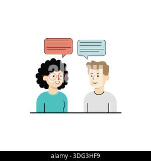 Due persone che comunicano con le bolle vocali - illustrazione di design piatto Illustrazione Vettoriale