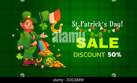 Banner o volantino per la promozione del giorno di san patrizio. Poster dei vettori degli sconti stagionali di primavera. Volantino delle offerte natalizie di San Patrizio con un personaggio carino, trifoglio di shamrock, ferro di cavallo e calderone d'oro Illustrazione Vettoriale