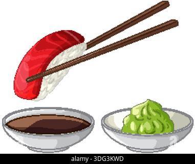 Illustrazione vettoriale del sushi di tonno nigiri tenuto da bacchette sopra la salsa di soia e il wasabi Illustrazione Vettoriale