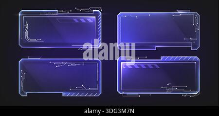 Futuristico set di cornici HUD per la progettazione dell'interfaccia utente. Illustrazione vettoriale realistica dei bordi rettangolari blu al neon per l'interfaccia utente della tecnologia ai, visualizzazione dei dati digitali, schermo olografico cyberpunk Illustrazione Vettoriale