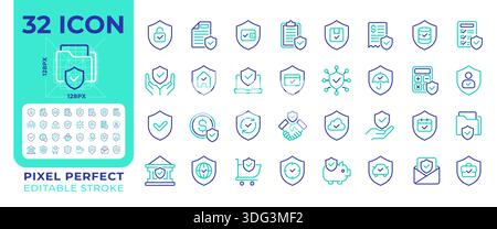 Set di icone a due linee di colore per pixel di protezione Illustrazione Vettoriale