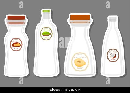 Illustrazione sul tema grande set diversi tipi di latte freddo in biberon di varie dimensioni, bevanda a base di latte composta da flaconi di plastica accessori per la raccolta t Illustrazione Vettoriale