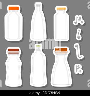Illustrazione sul tema grande set diversi tipi di latte freddo in biberon di varie dimensioni, bevanda a base di latte composta da flaconi di plastica accessori per la raccolta t Illustrazione Vettoriale