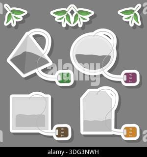 Illustrazione sul tema grande set di colori diversi tipi e forme, bustine da tè per un tè gustoso, bustine da tè composte da accessori di raccolta in cucina per il tè, Illustrazione Vettoriale