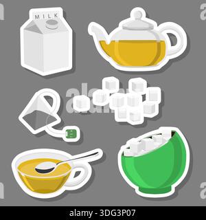 Illustrazione su tema grande set di colori diversi tipi teiere in porcellana per un tè gustoso, teiere composte da accessorio di raccolta in cucina a tè, f Illustrazione Vettoriale