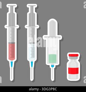 Illustrazione sul tema Set grande colorato diversi tipi di siringhe, aghi per ospedale, siringa composta da accessorio di raccolta con contr. Qualità Illustrazione Vettoriale