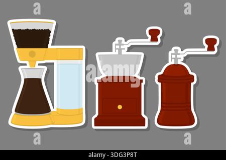 Illustrazione sul tema grande set di colori diversi tipi di macinacaffè in legno, macinacaffè di dimensioni diverse, motivo tritatutto composto da accessorio di raccolta a. Illustrazione Vettoriale