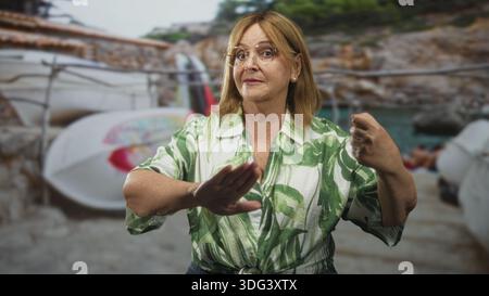 Donna di mezza età che indossa occhiali e camicia tropicale con palme che fanno una sosta accanto alle barche e al kayak in studio; asserzione calma. Foto Stock