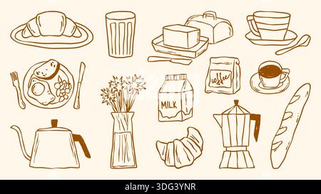 Set di spaghetti per la colazione al caffè con pastello in stile schizzo - tazza su piattino, croissant e blocco di burro, pacchetto latte, teiera e pane baguette. Icone del caffè nella figura in linea per il menu o la cucina. Illustrazione Vettoriale