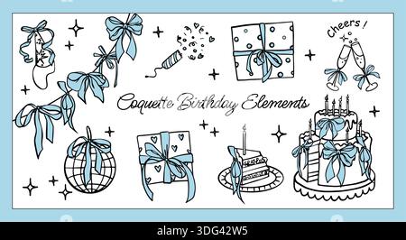Set di elementi di coquette disegnati a mano per compleanno, invito al matrimonio, biglietto d'auguri. Simpatici fiocchi da ragazza, cocktail, nastri, ciliegia, torta, vetro, cuore, fragola. Elegante illustrazione vettoriale vintage. Illustrazione Vettoriale