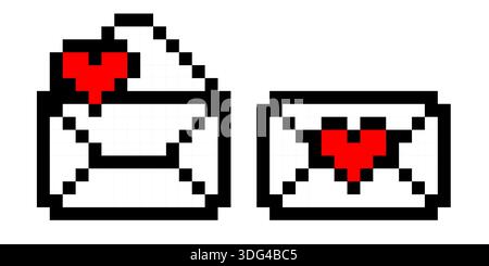 Busta Love Letter pixel art con icona a forma di cuore rossa ispirata al classico stile videoludico che forma il concetto di posta digitale per la grafica vettoriale dei giocatori Illustrazione Vettoriale