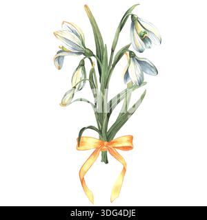 Un bouquet di gocce di neve bianche, decorate con un arco giallo, dipinte a mano con acquerelli. Illustrazione acquerello botanico. Adatto per la progettazione Foto Stock
