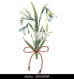 Un bouquet di gocce di neve bianche, decorate con un arco di spago marrone, dipinte a mano con acquerelli. Illustrazione acquerello botanico Foto Stock