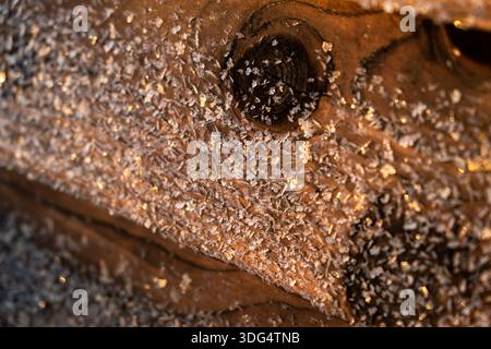 Rivestimento in legno ricoperto di fiocchi di neve. Tavole di legno marrone dalla texture ricca creano uno stile rustico e vintage. Finiture calde e naturali delle pareti. Dettagli di Foto Stock