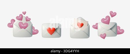 Set di icone della posta 3D con buste a tema amore, decorazioni a cuore e biglietti d'auguri romantici. Perfetto per i messaggi di San Valentino e per il digitale Illustrazione Vettoriale